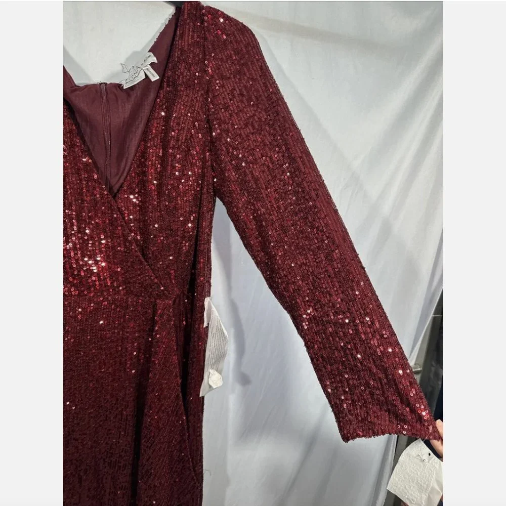NEW $398 IEENA Mac‎ Duggal [ 16 ] Sequin Wrap Evening Gown in Wine Red #Q480